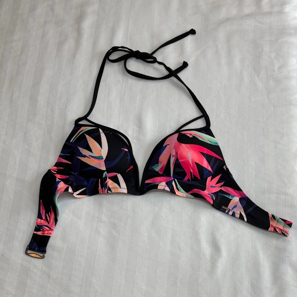 PINK Victoria's Secret Deep V Black and Pink Bikini Top Size XS